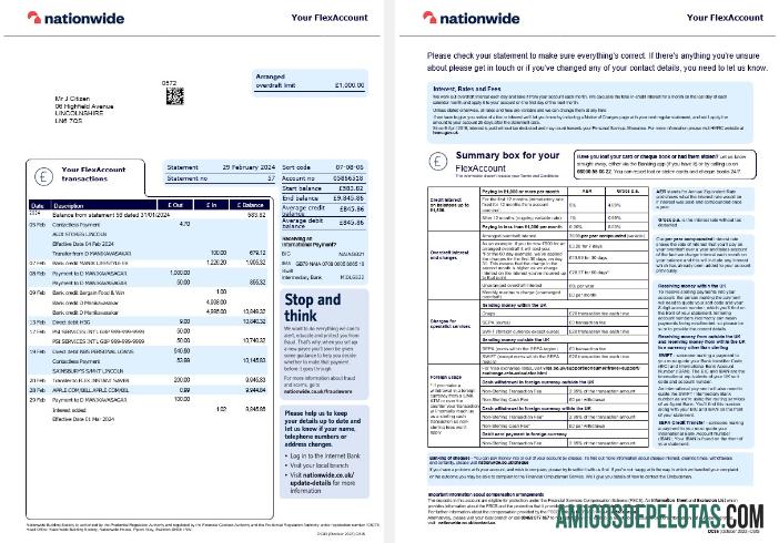 modelo em branco da versão atual do extrato bancário nacional do Reino Unido, 2 páginas